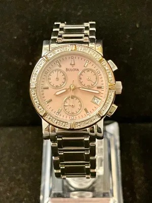Bulova Beautiful Chrono Pink MOP SS & Diamonds Ladies Wrist Watch- $2K APR w/COA