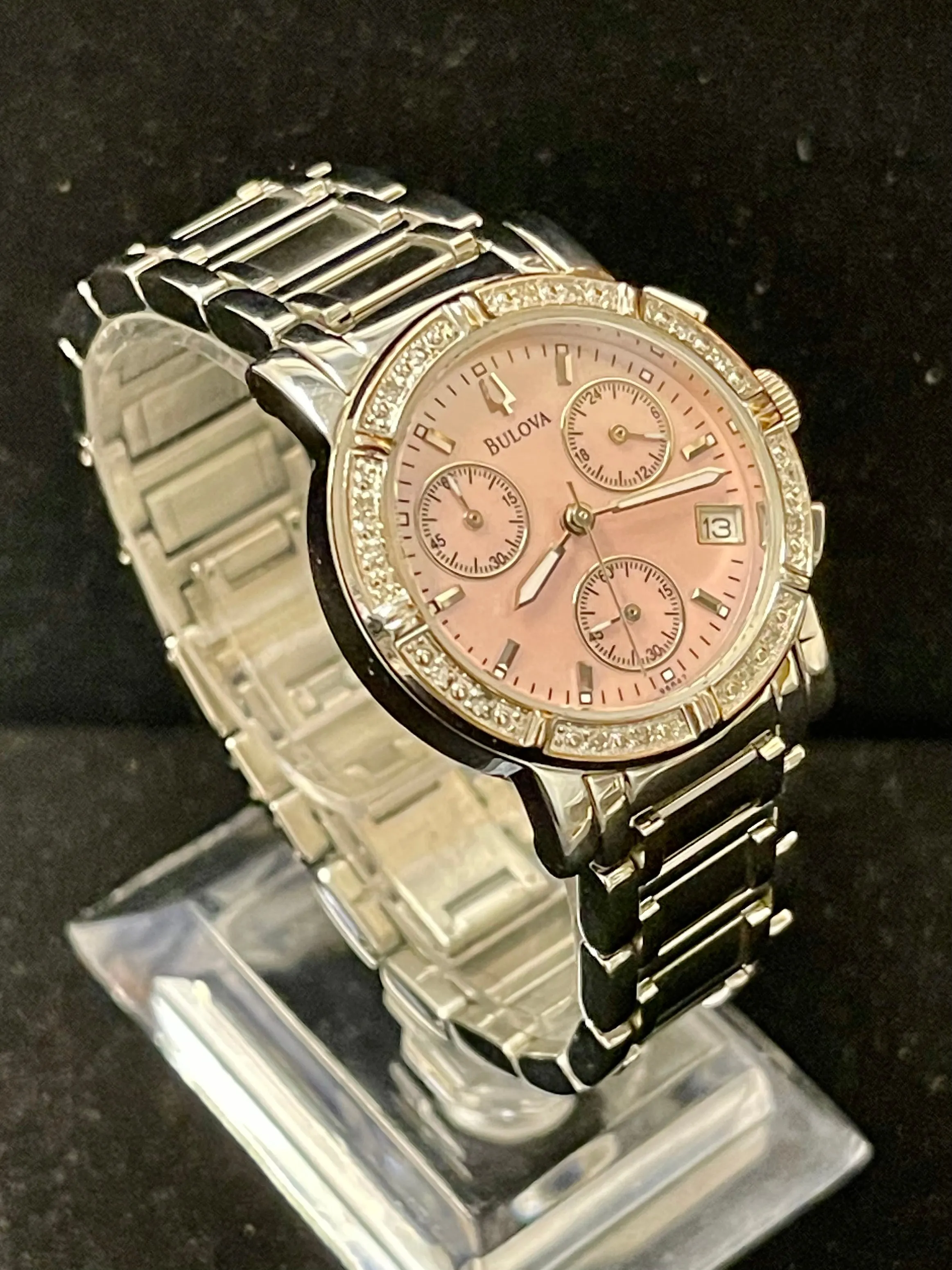 Bulova Beautiful Chrono Pink MOP SS & Diamonds Ladies Wrist Watch- $2K APR w/COA
