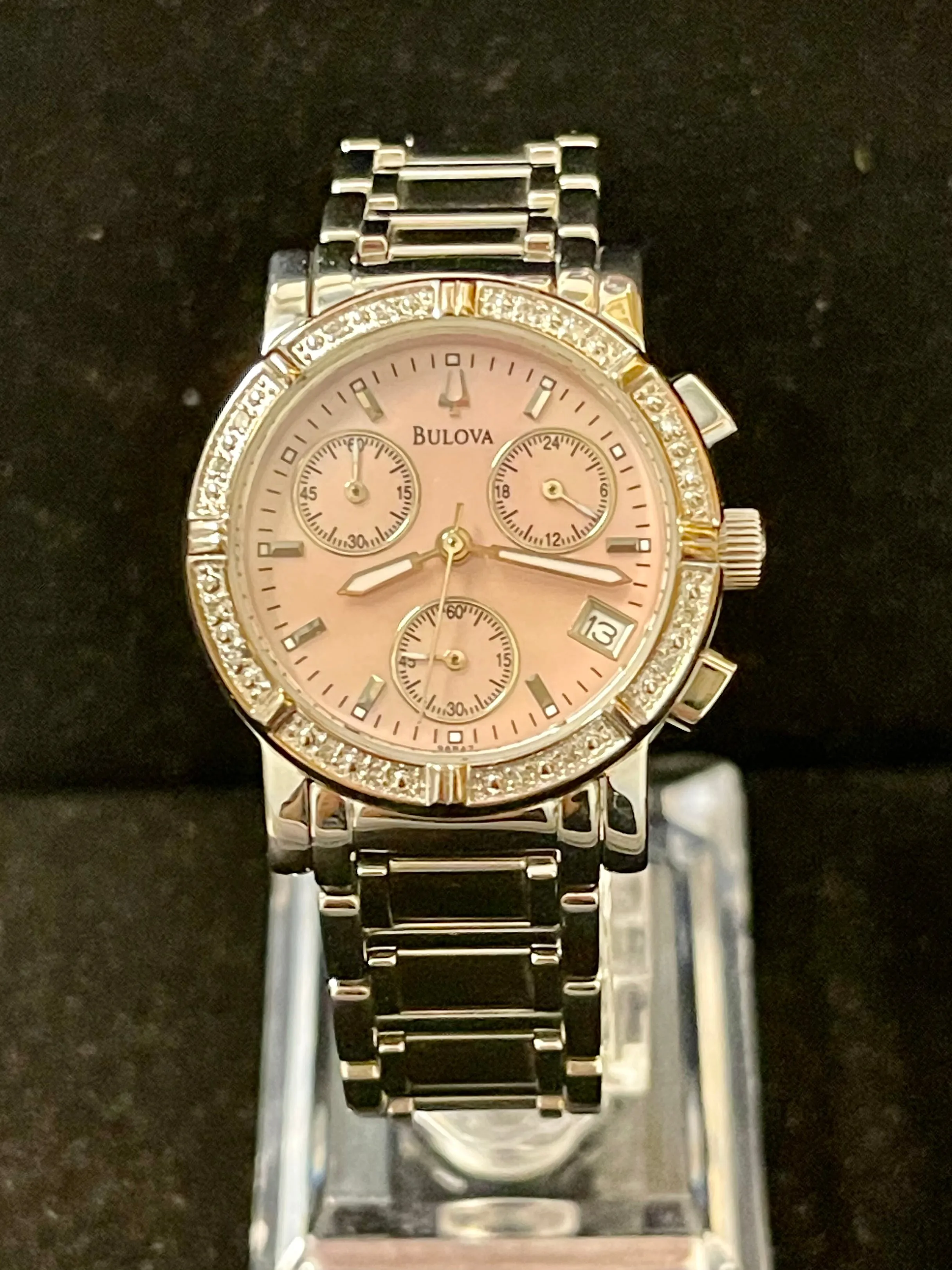 Bulova Beautiful Chrono Pink MOP SS & Diamonds Ladies Wrist Watch- $2K APR w/COA