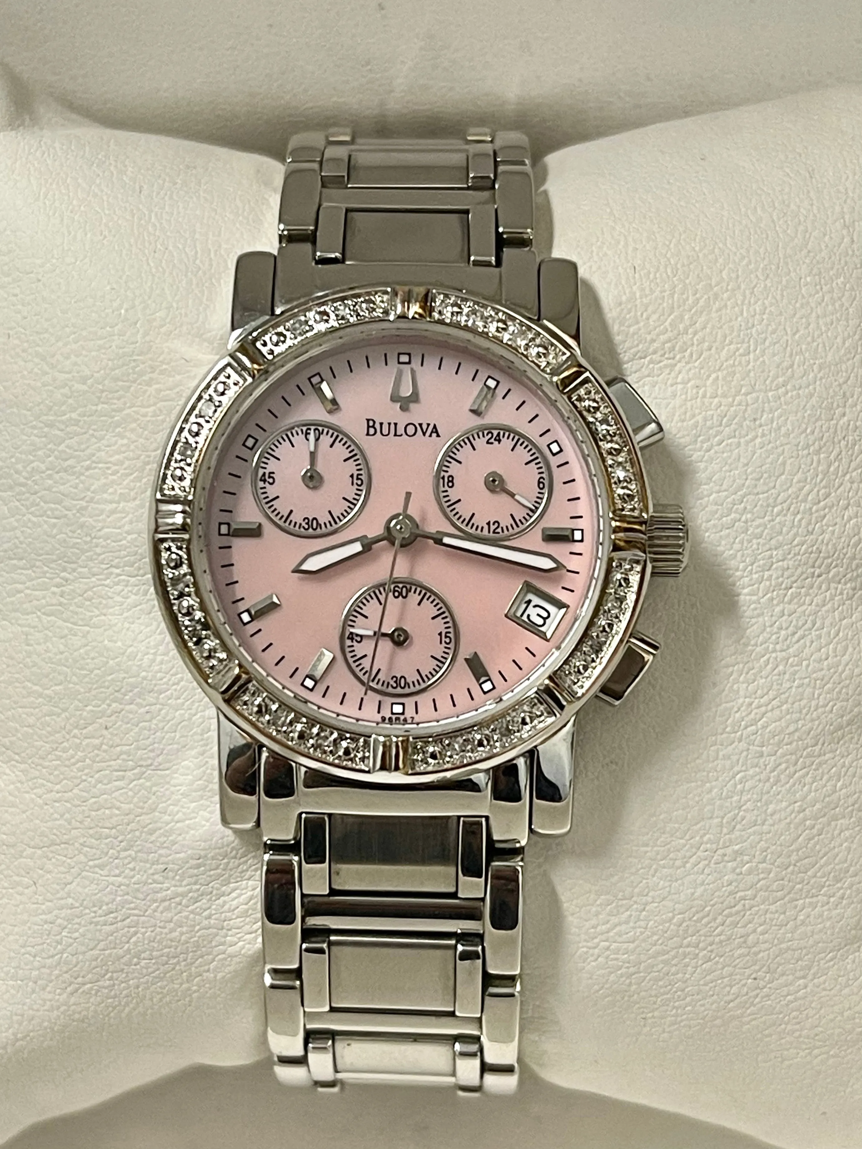 Bulova Beautiful Chrono Pink MOP SS & Diamonds Ladies Wrist Watch- $2K APR w/COA