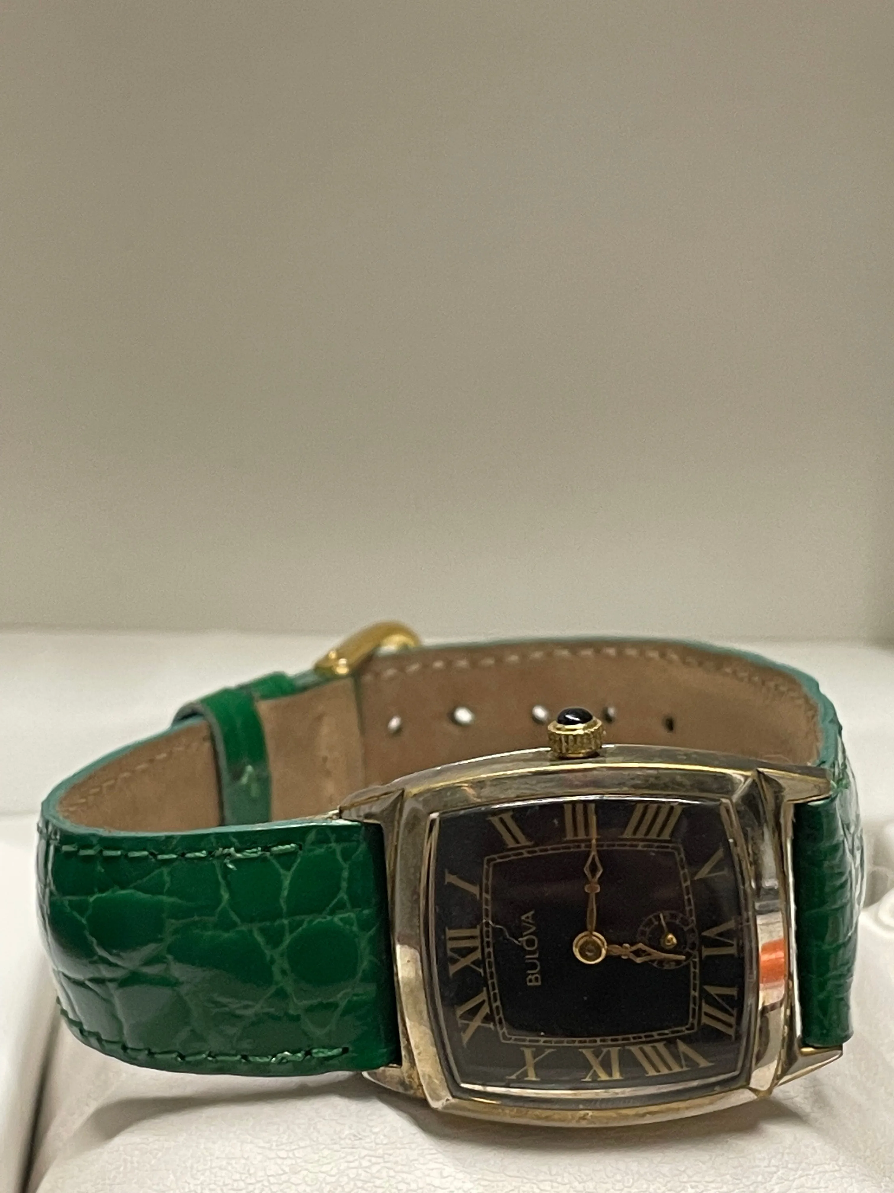 Bulova Gold Tone Unisex Watch Black Dial, Green Crocodile Strap- $6K APR w/ COA!