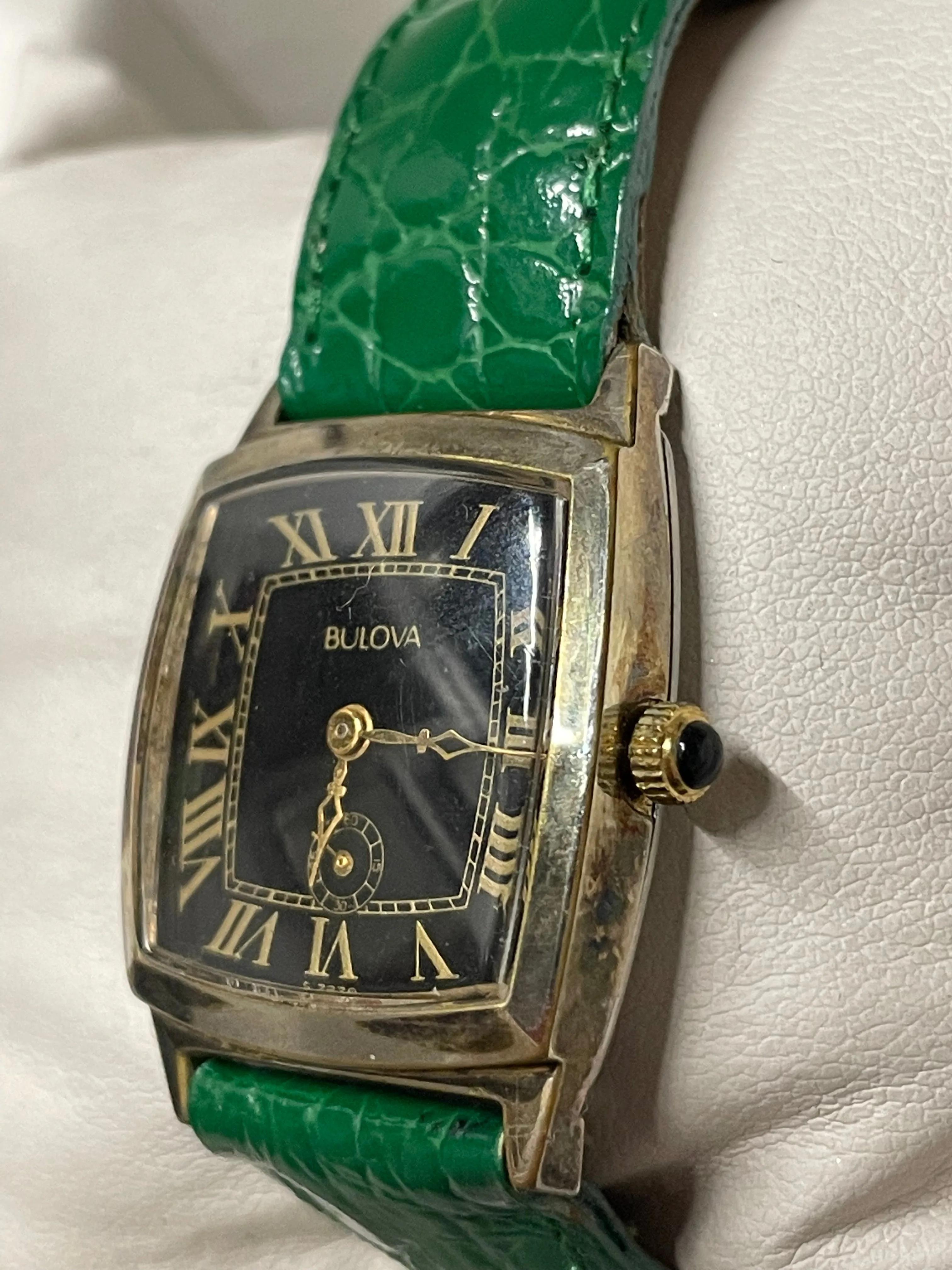 Bulova Gold Tone Unisex Watch Black Dial, Green Crocodile Strap- $6K APR w/ COA!