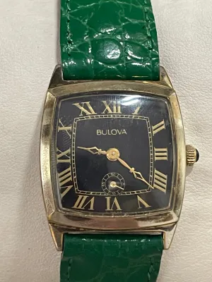 Bulova Gold Tone Unisex Watch Black Dial, Green Crocodile Strap- $6K APR w/ COA!