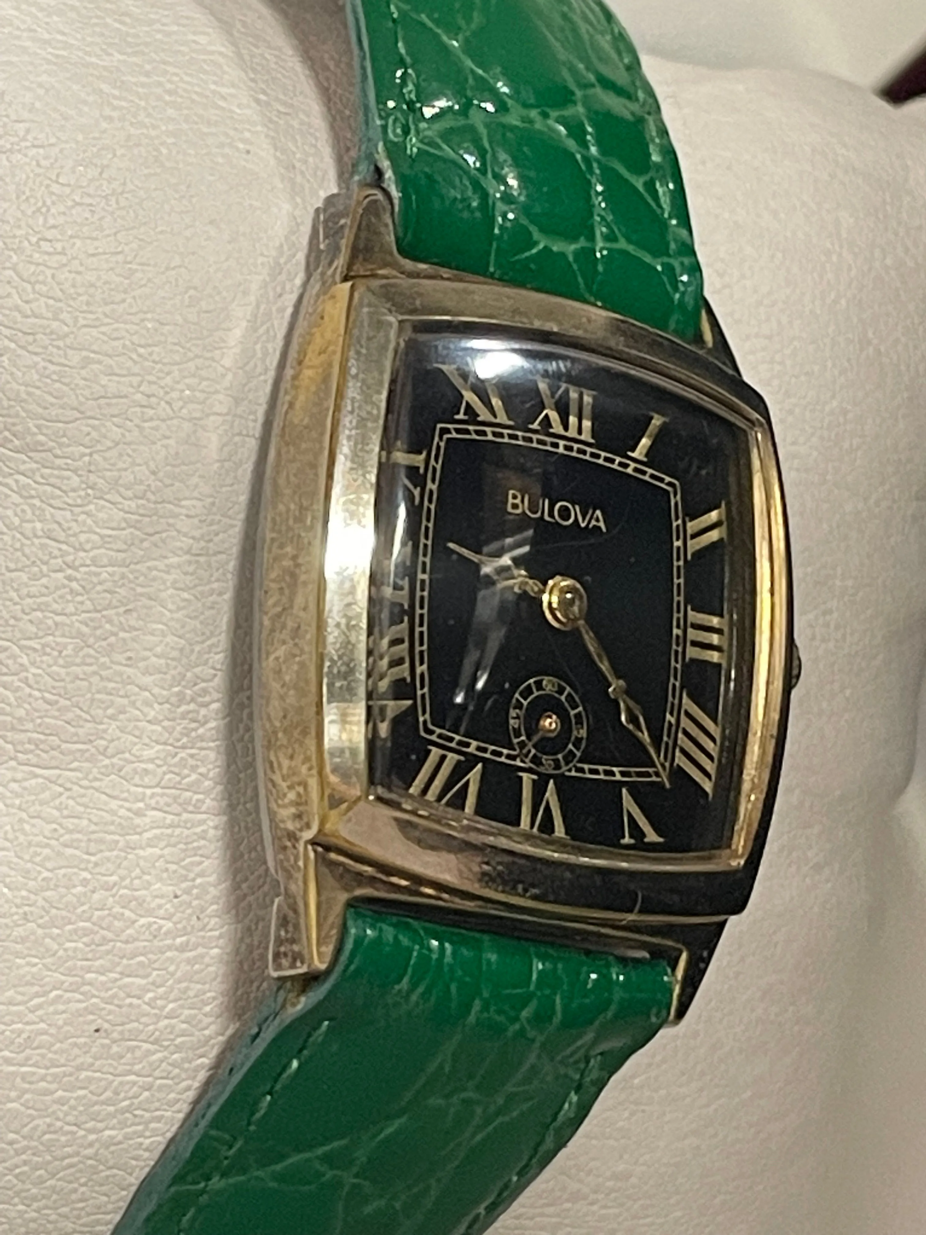Bulova Gold Tone Unisex Watch Black Dial, Green Crocodile Strap- $6K APR w/ COA!