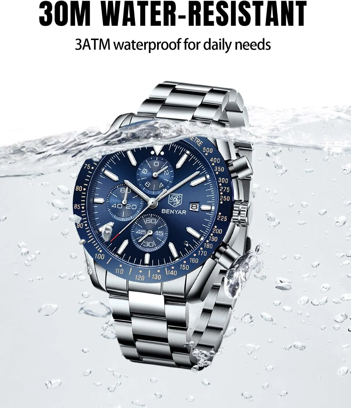 BY BENYAR Watch for Men Analog Quartz Chronograph Waterproof Luminous Designer Mens Wrist Watches Business Work Sport Casual Dress Watch with Silicone Strap Elegant Gifts for Men