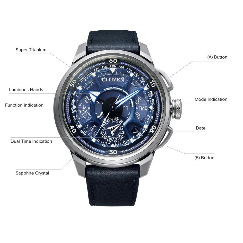 Citizen Mens Eco-Drive Satellite Wave F900 Blue Dial Strap Japanese Quartz Chronograph Watch - CC7000-01L