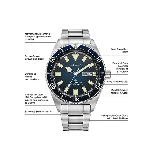 Citizen Men's Promaster Dive Automatic 3 Hand Silver Stainless Steel Watch with Blue Gradient Dial, ISO Certified (Model: NY0129-58L)