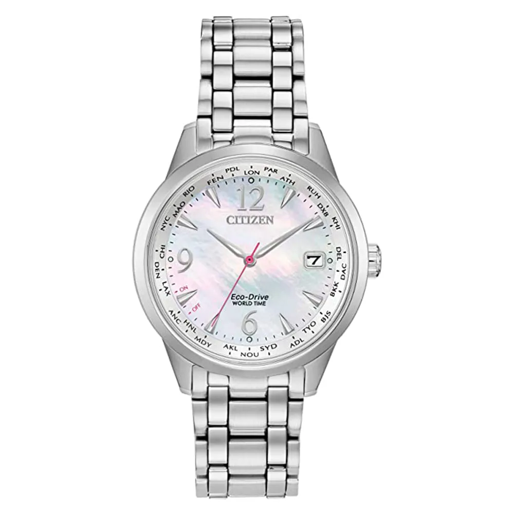 Citizen Womens Eco-Drive World Time Silver Stainless Steel Bracelet White Mother-of-Pearl Dial Analog Watch - EW2550-55D