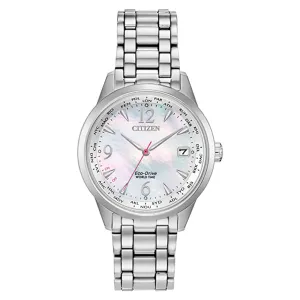 Citizen Womens Eco-Drive World Time Silver Stainless Steel Bracelet White Mother-of-Pearl Dial Analog Watch - EW2550-55D
