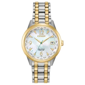 Citizen Women's Eco-Drive World Time Two-Tone Stainless Steel Bracelet White Mother-of-Pearl Dial Analog Watch - EW2554-54D