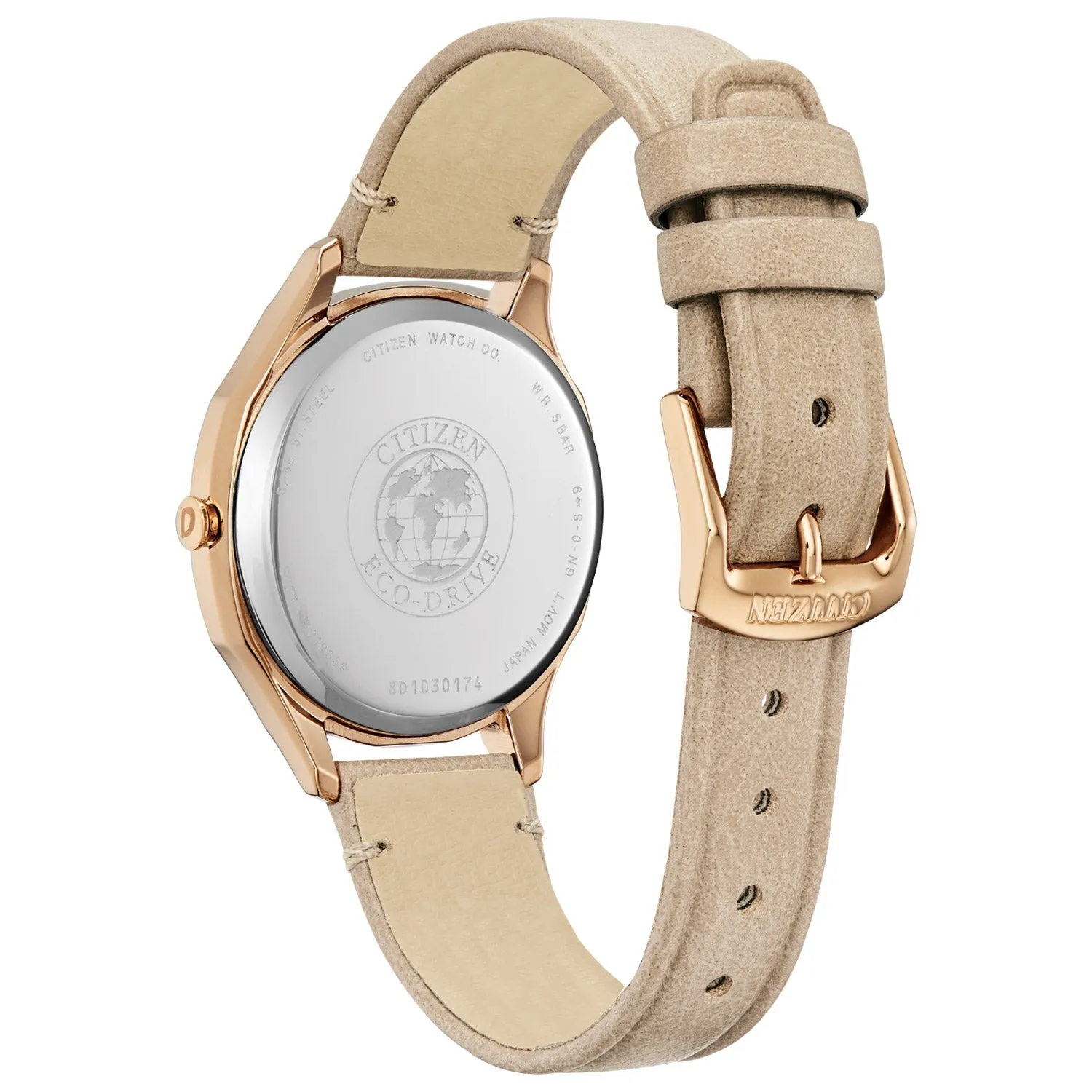Citizen Womens Silver Dial Brown Band Taupe Leather Strap Stainless Steel Japanese Quartz Watch - EM0753-01A