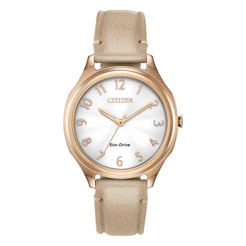 Citizen Womens Silver Dial Brown Band Taupe Leather Strap Stainless Steel Japanese Quartz Watch - EM0753-01A