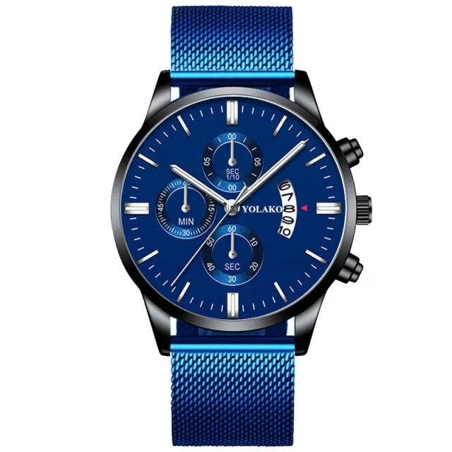 Classic Blue Stainless Steel Mesh Belt Quartz Wristwatch