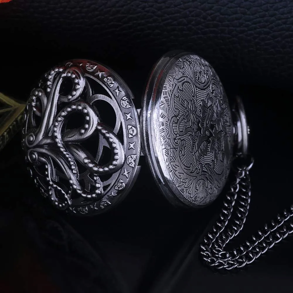 Dentily Vintage Octopus Hollow Quartz Pocket Watch Steampunk Black Pocket Watch with Necklace Chain