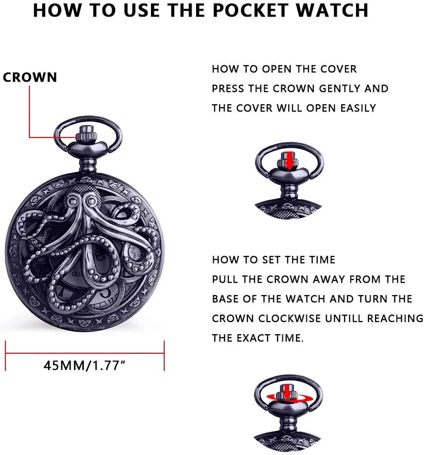 Dentily Vintage Octopus Hollow Quartz Pocket Watch Steampunk Black Pocket Watch with Necklace Chain