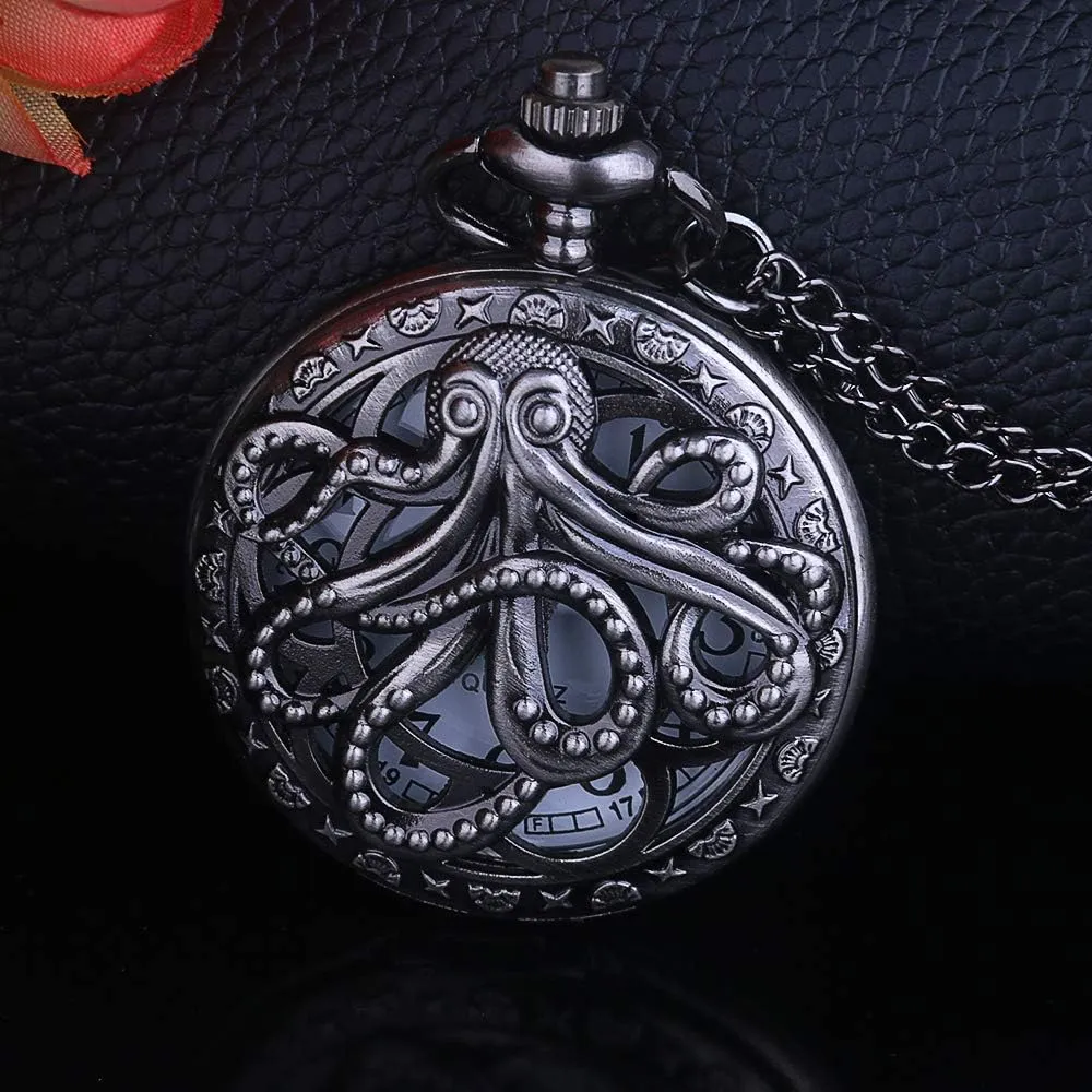Dentily Vintage Octopus Hollow Quartz Pocket Watch Steampunk Black Pocket Watch with Necklace Chain