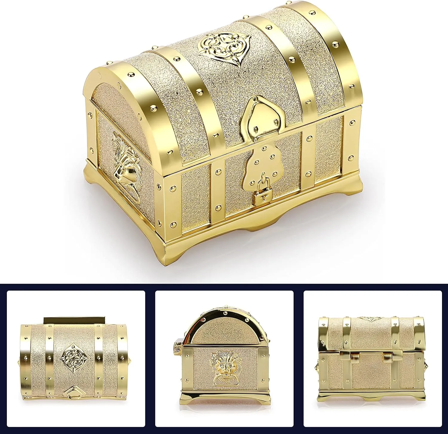 Hipiwe Vintage Metal Jewelry Box Treasure Trinket Chest,Smal Ring Earrings Necklace Keepsake Gift Holder Case for Girls Ladies Women, Gold,Small