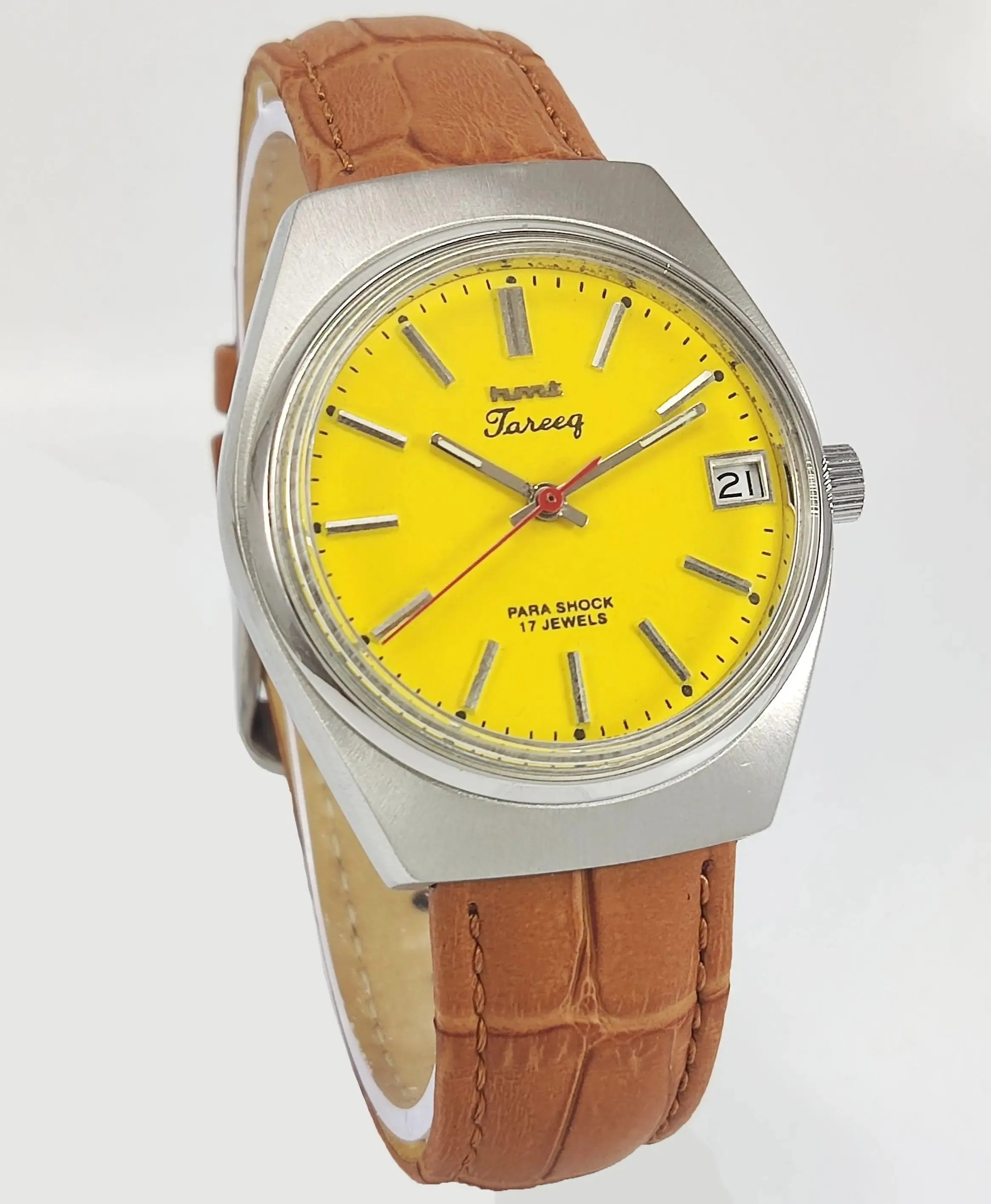 HMT Tareeq Para Shock 17 Jewels Yellow Dial Date Function Mechanical Hand winding Men's Wrist Watch