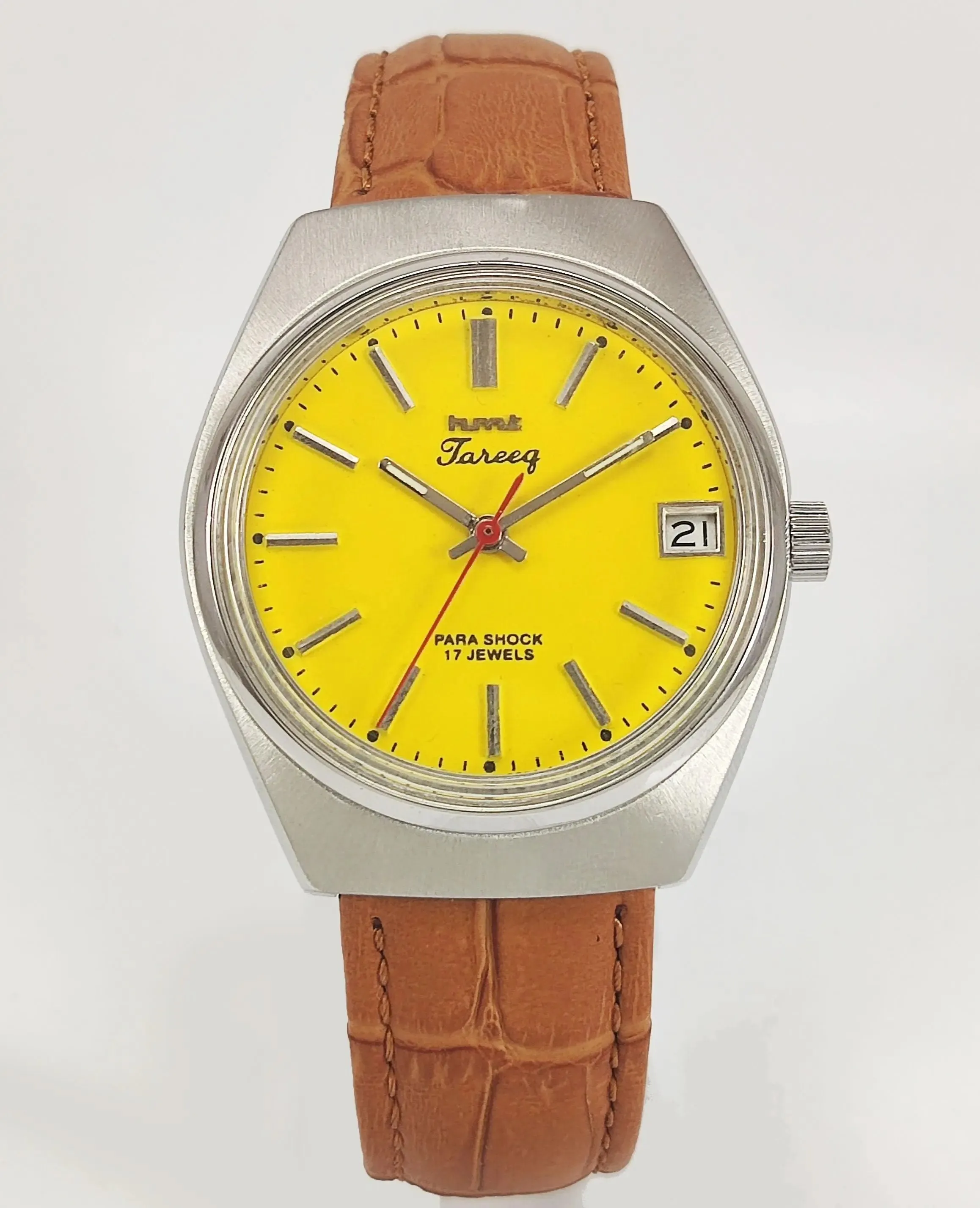 HMT Tareeq Para Shock 17 Jewels Yellow Dial Date Function Mechanical Hand winding Men's Wrist Watch