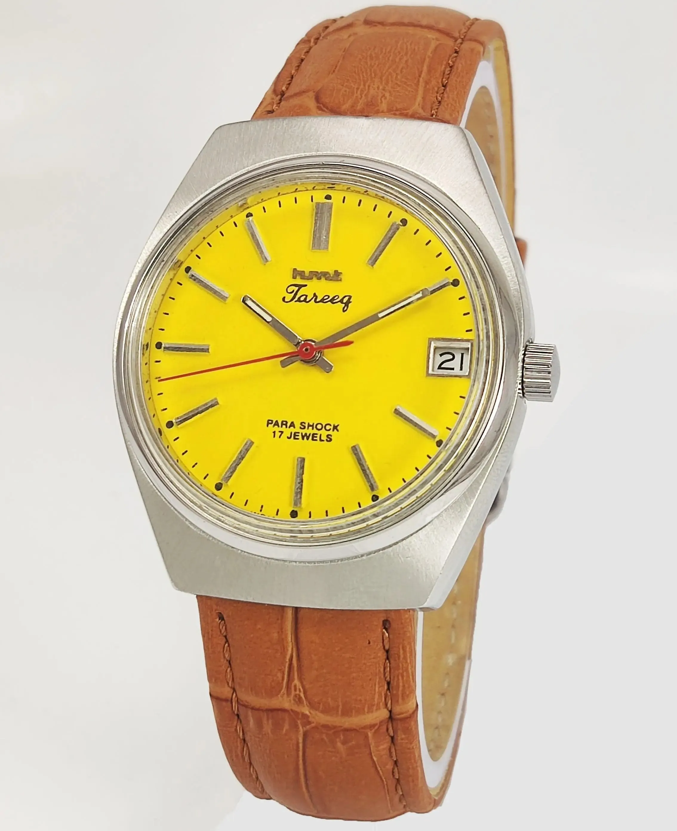 HMT Tareeq Para Shock 17 Jewels Yellow Dial Date Function Mechanical Hand winding Men's Wrist Watch