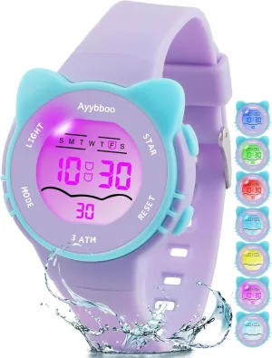 Kids Digital Watches for Girls Boys, 7 Color Lights Waterproof Cute Wristwatches for Kids with Alarm Stopwatch, Great Present for Girls Boys Ages 5-13