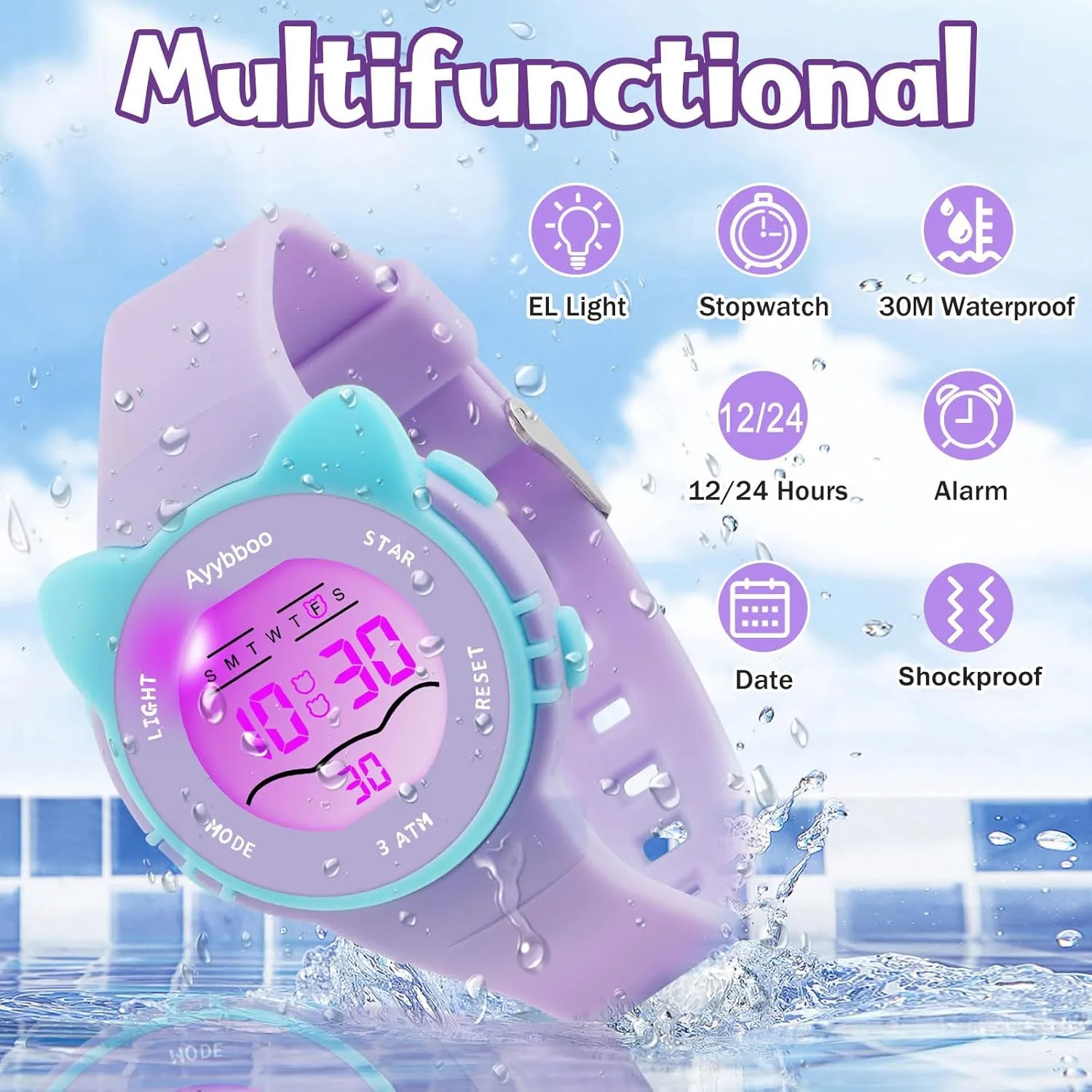 Kids Digital Watches for Girls Boys, 7 Color Lights Waterproof Cute Wristwatches for Kids with Alarm Stopwatch, Great Present for Girls Boys Ages 5-13