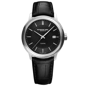 Maestro Men's Black Dial Automatic Leather Watch