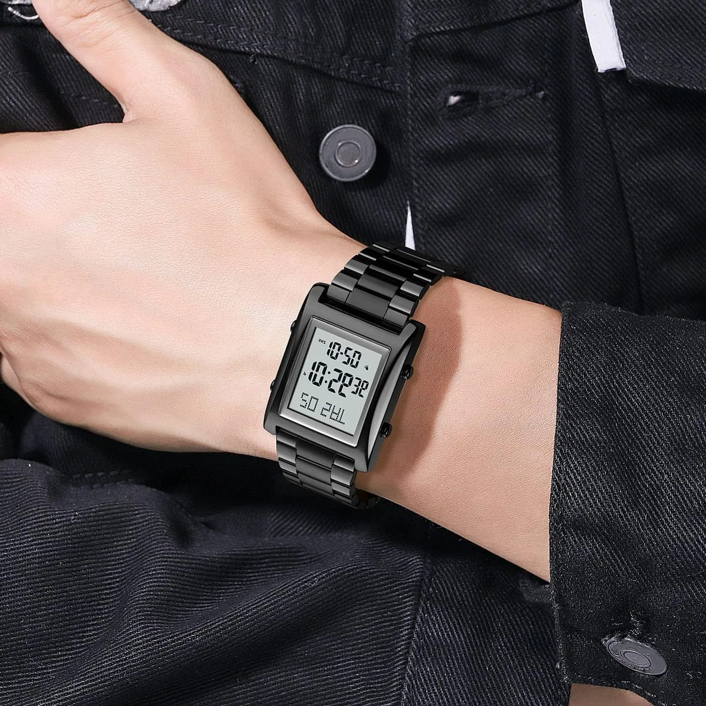 MASTOP Mens Watches Digital Watch for Men Womens, LED Screen Digital Black Watch Backlight Fashion Stainless Steel Rectangle Watches for Men, Men's Wristwatch Waterproof Tool Include