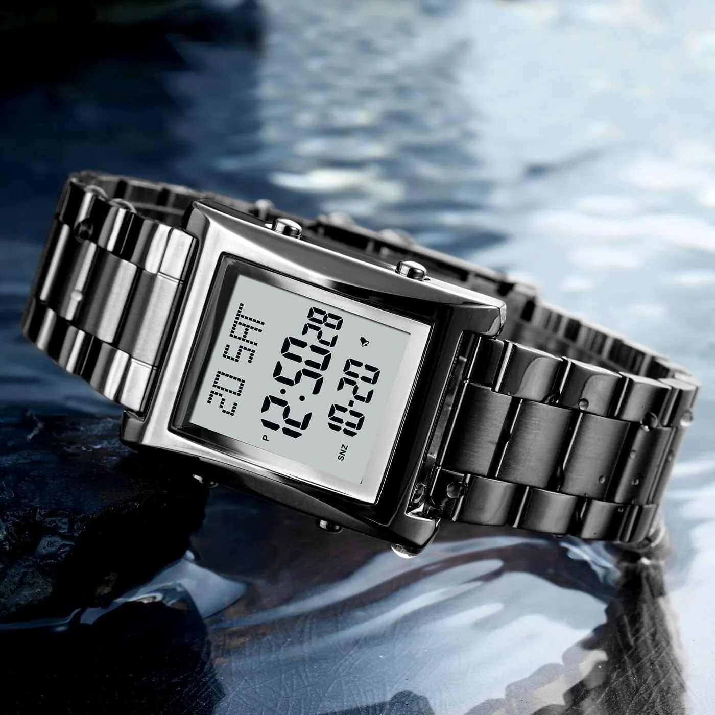 MASTOP Mens Watches Digital Watch for Men Womens, LED Screen Digital Black Watch Backlight Fashion Stainless Steel Rectangle Watches for Men, Men's Wristwatch Waterproof Tool Include