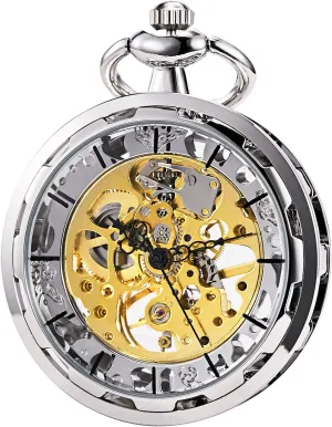 Men's Pocket Watch Hollow Steampunk Skeleton Dial Visible Gears Mechanical Movement Open Face, Silver