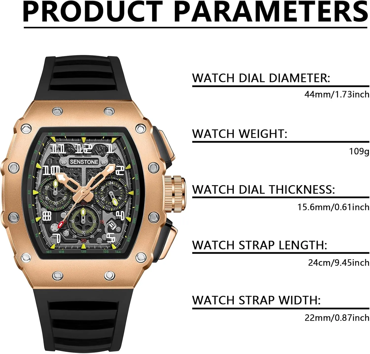 Mens Watches Retro Punk Skull Tonneau Design Analog Unique Skeleton Sports Quartz Wrist Watch for Men with Luminous Rubber Strap Silicone Band