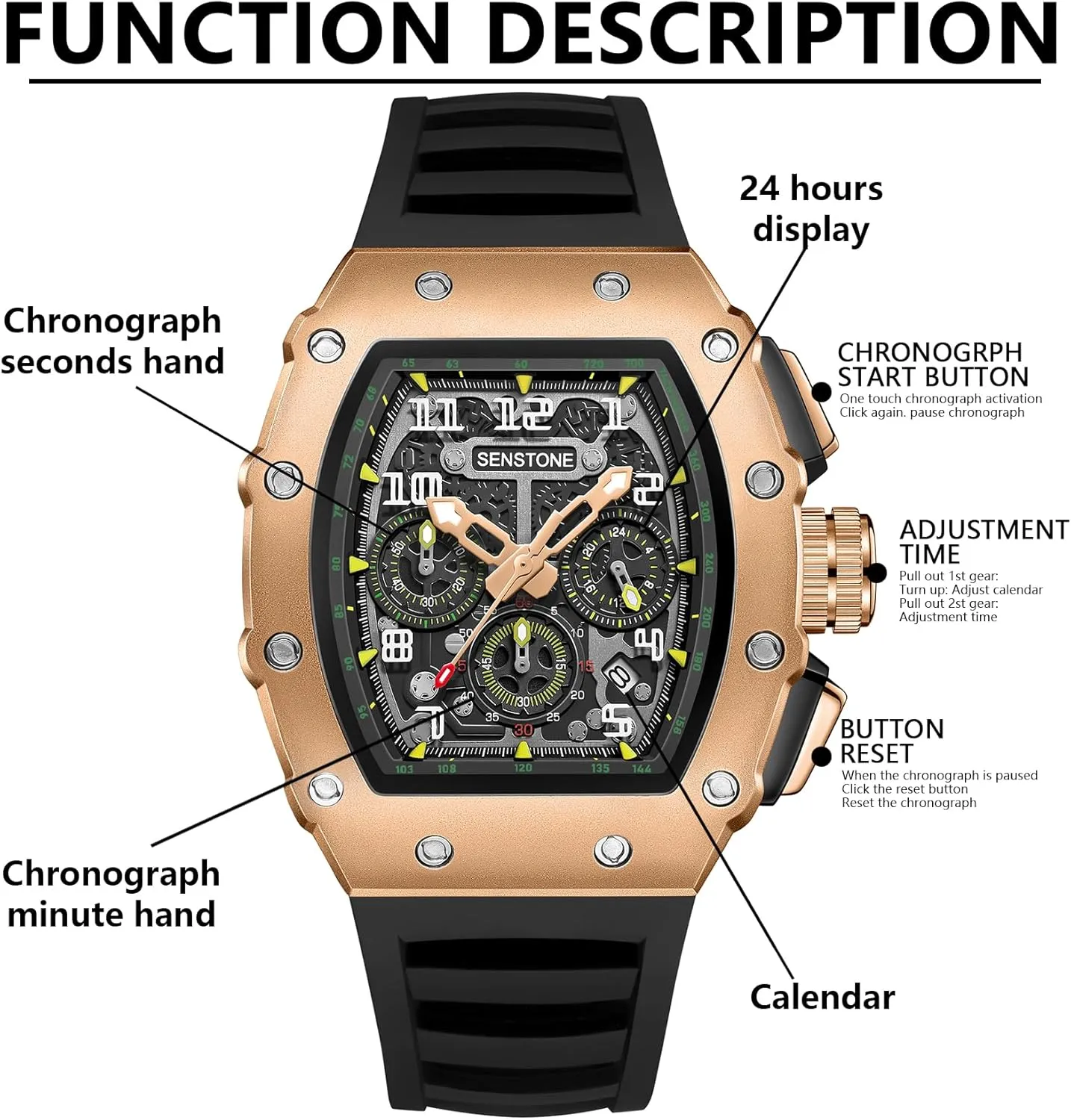 Mens Watches Retro Punk Skull Tonneau Design Analog Unique Skeleton Sports Quartz Wrist Watch for Men with Luminous Rubber Strap Silicone Band