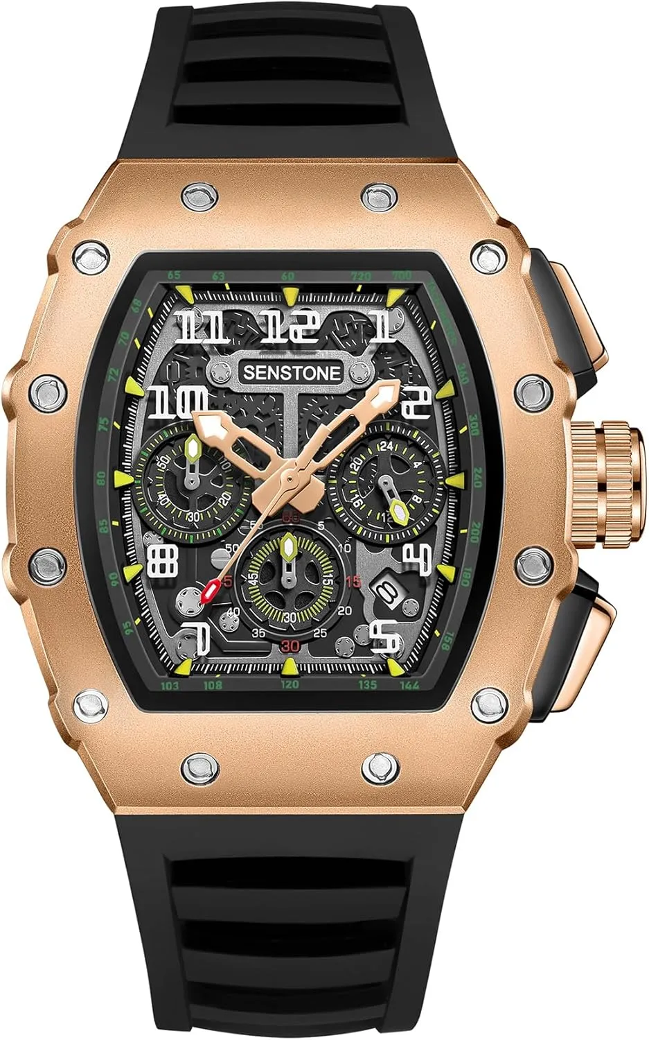 Mens Watches Retro Punk Skull Tonneau Design Analog Unique Skeleton Sports Quartz Wrist Watch for Men with Luminous Rubber Strap Silicone Band