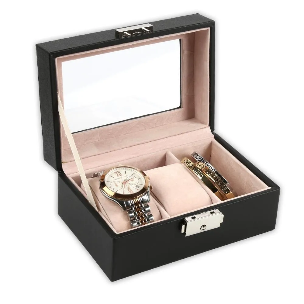 Non-Personalized 3-Slot Small Black Leather Watch Case | Watch Jewelry Box Organizer