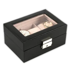 Non-Personalized 3-Slot Small Black Leather Watch Case | Watch Jewelry Box Organizer
