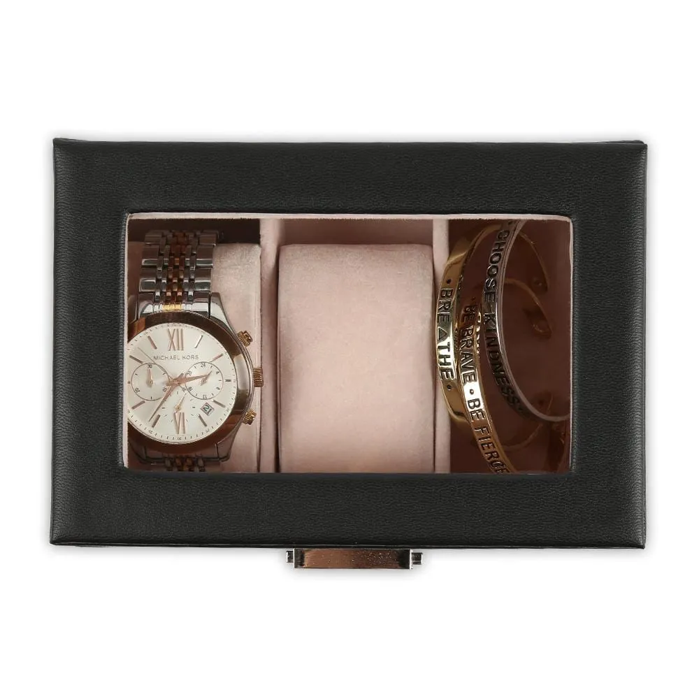 Non-Personalized 3-Slot Small Black Leather Watch Case | Watch Jewelry Box Organizer