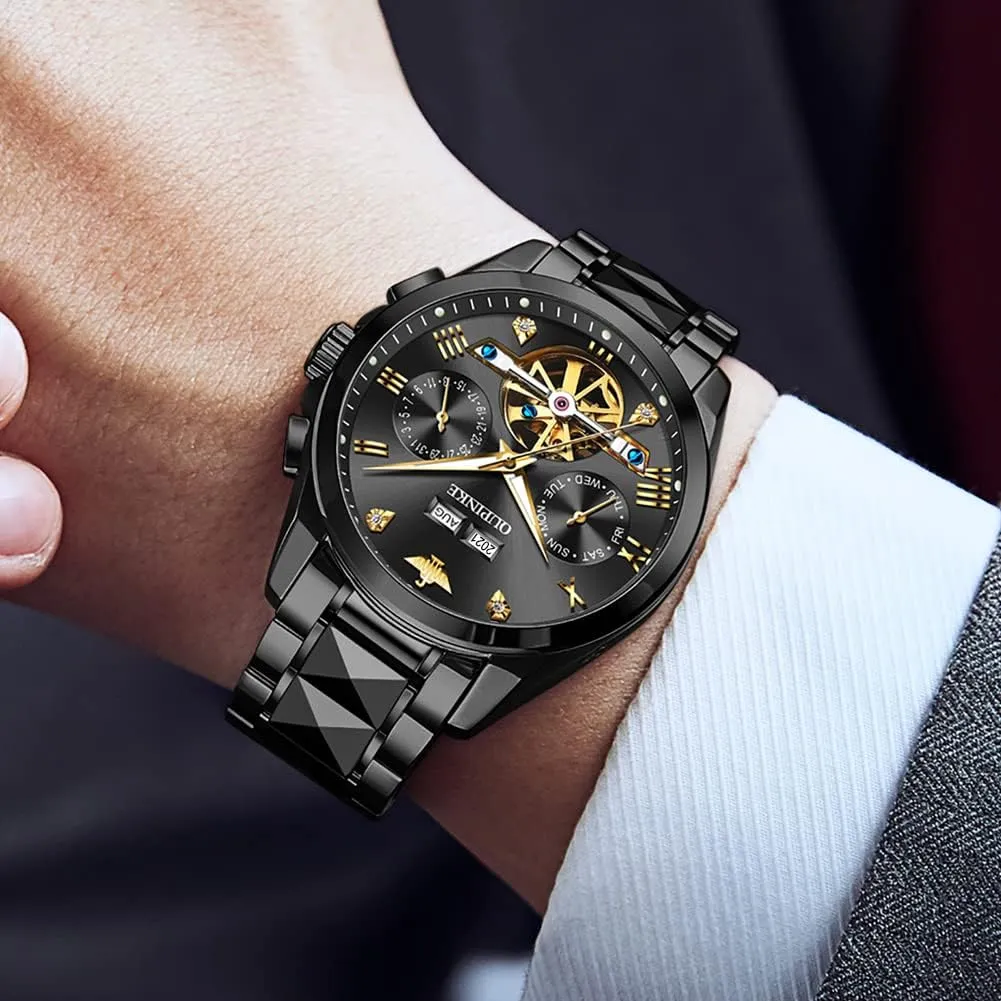 OUPINKE Men's Watch Automatic Designer Big Face Luxury Mechanical Skeleton Dress Business Wrist Watches Two Tone Tungsten Steel Waterproof Sapphire Calendar