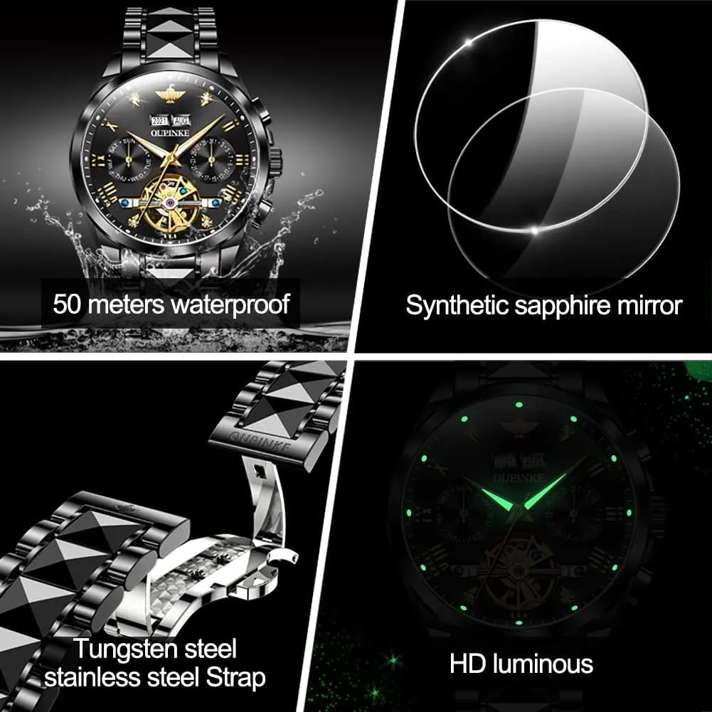 OUPINKE Men's Watch Automatic Designer Big Face Luxury Mechanical Skeleton Dress Business Wrist Watches Two Tone Tungsten Steel Waterproof Sapphire Calendar