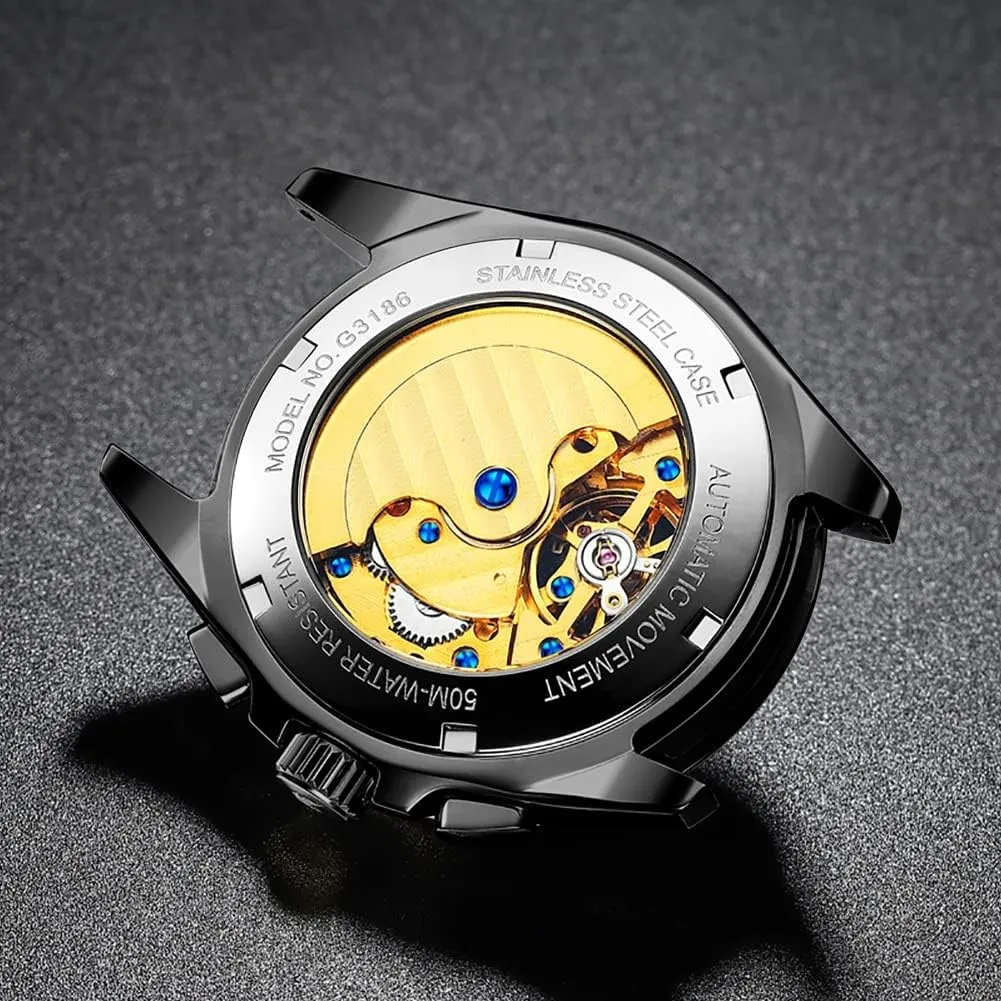 OUPINKE Men's Watch Automatic Designer Big Face Luxury Mechanical Skeleton Dress Business Wrist Watches Two Tone Tungsten Steel Waterproof Sapphire Calendar