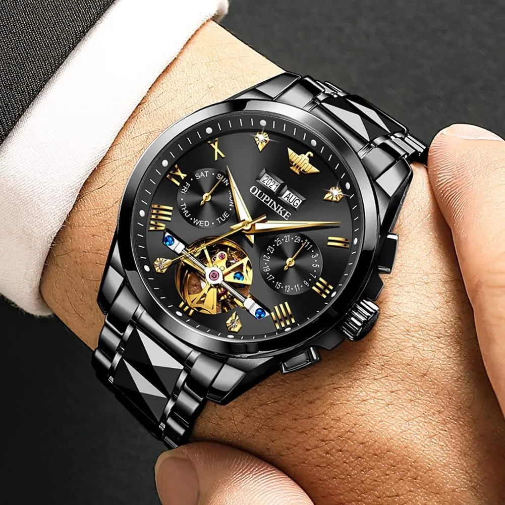 OUPINKE Men's Watch Automatic Designer Big Face Luxury Mechanical Skeleton Dress Business Wrist Watches Two Tone Tungsten Steel Waterproof Sapphire Calendar