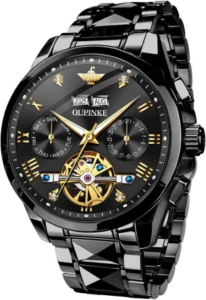 OUPINKE Men's Watch Automatic Designer Big Face Luxury Mechanical Skeleton Dress Business Wrist Watches Two Tone Tungsten Steel Waterproof Sapphire Calendar