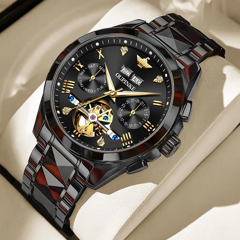 OUPINKE Men's Watch Automatic Designer Big Face Luxury Mechanical Skeleton Dress Business Wrist Watches Two Tone Tungsten Steel Waterproof Sapphire Calendar