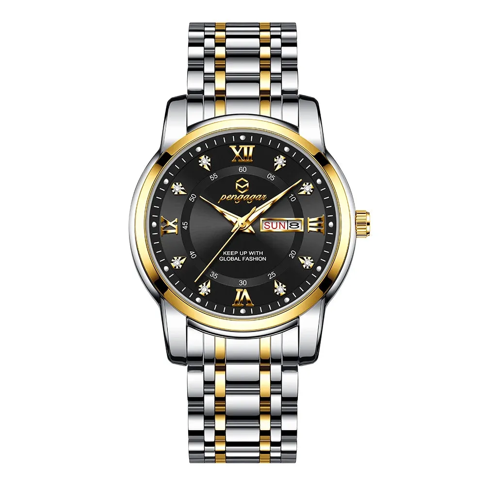 PENGAGAR Luxury Men's Watch - Elegant, Waterproof, Luminous, Stainless Steel Quartz Sports Watch