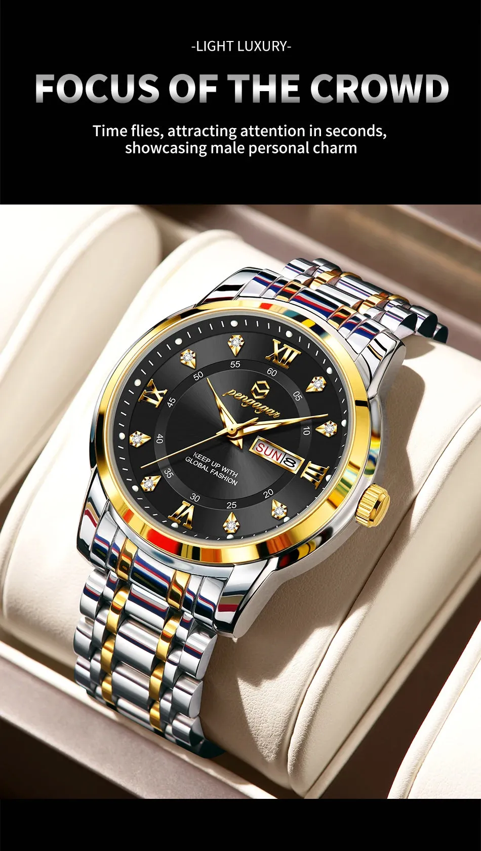 PENGAGAR Luxury Men's Watch - Elegant, Waterproof, Luminous, Stainless Steel Quartz Sports Watch