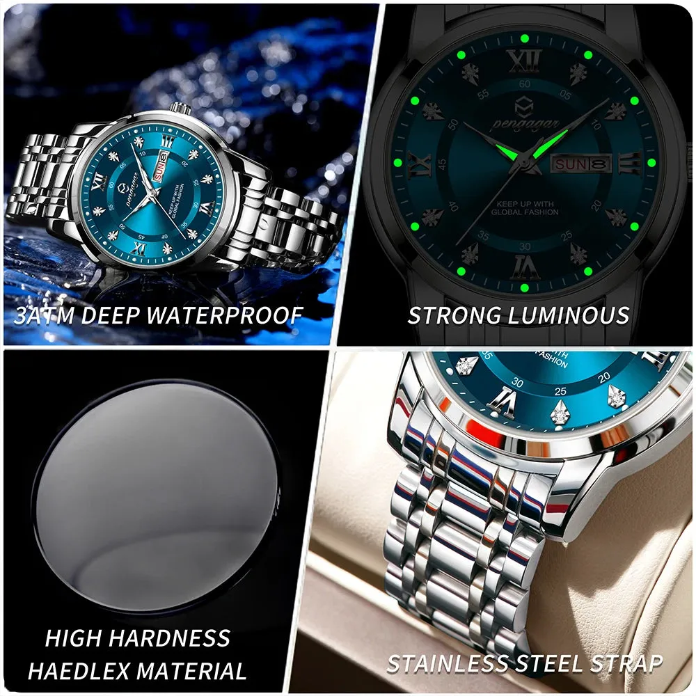 PENGAGAR Luxury Men's Watch - Elegant, Waterproof, Luminous, Stainless Steel Quartz Sports Watch