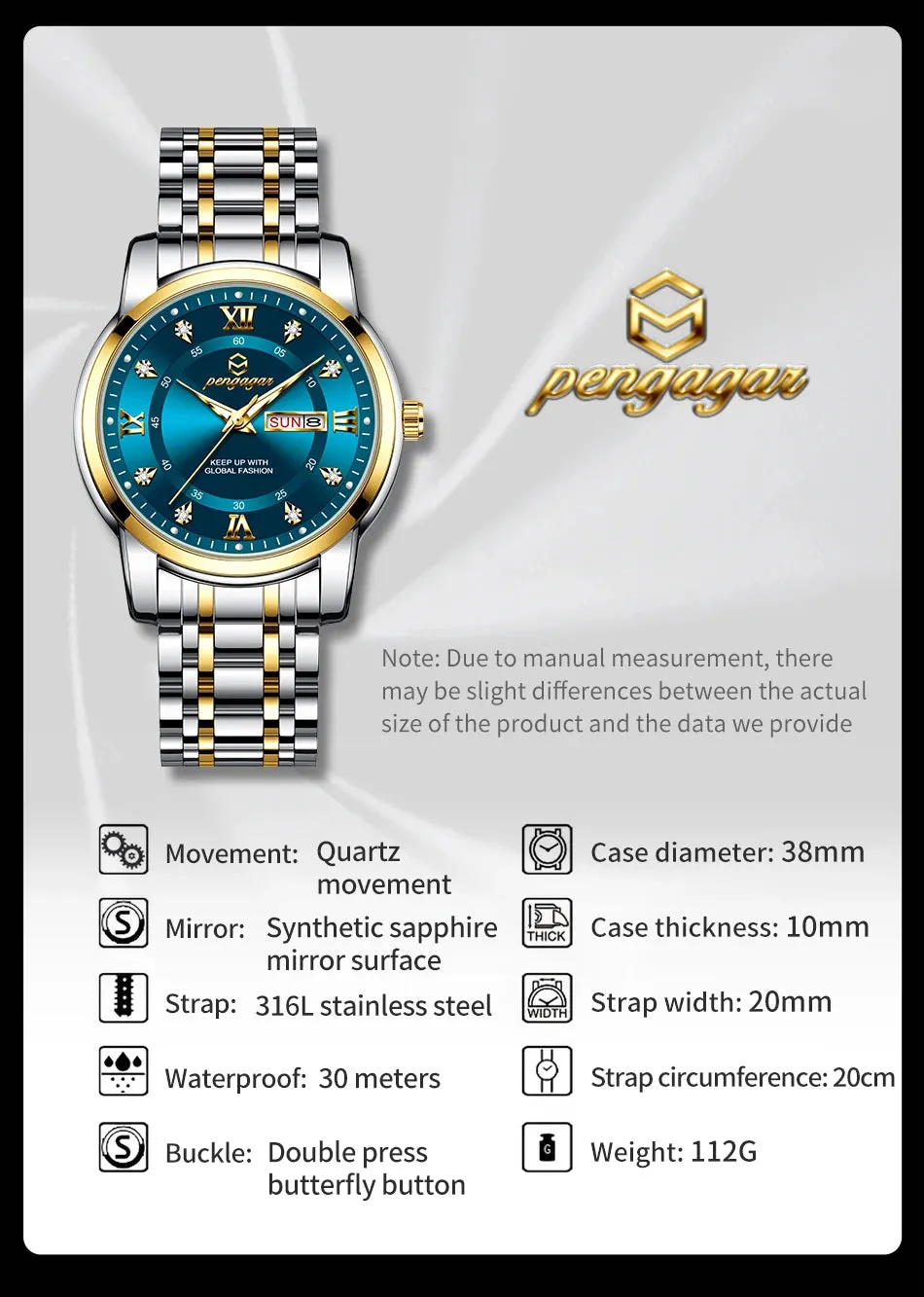 PENGAGAR Luxury Men's Watch - Elegant, Waterproof, Luminous, Stainless Steel Quartz Sports Watch