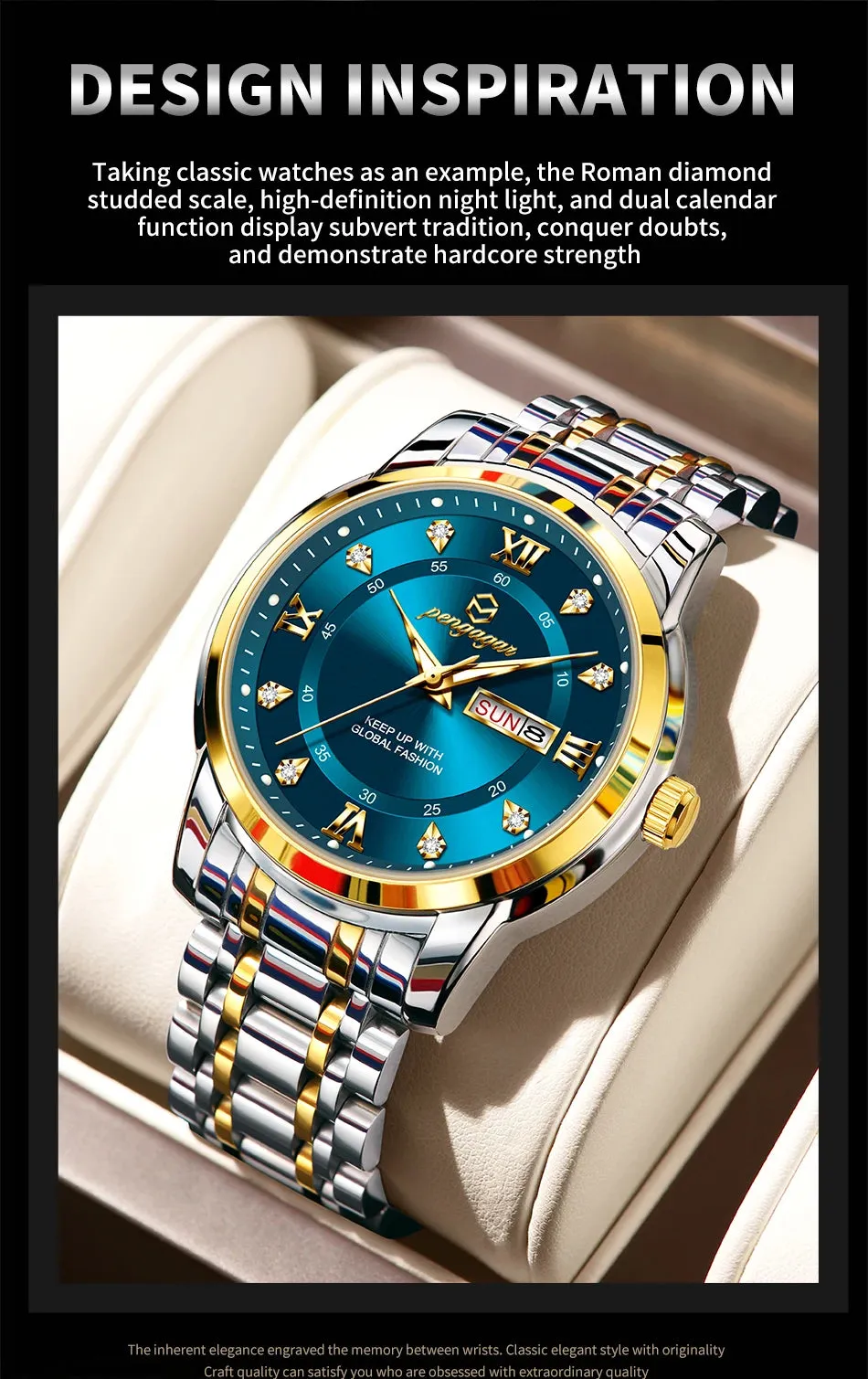 PENGAGAR Luxury Men's Watch - Elegant, Waterproof, Luminous, Stainless Steel Quartz Sports Watch