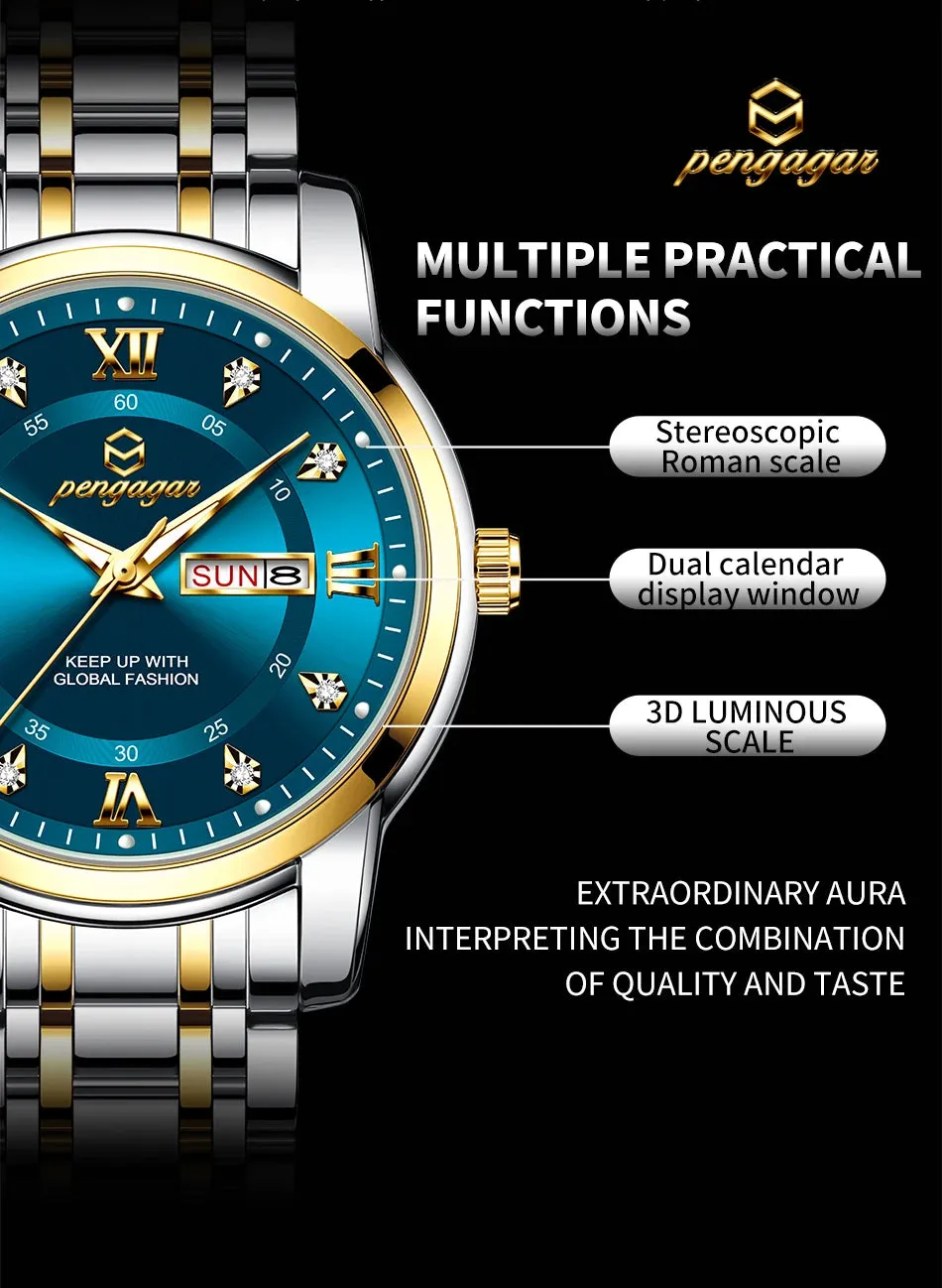 PENGAGAR Luxury Men's Watch - Elegant, Waterproof, Luminous, Stainless Steel Quartz Sports Watch