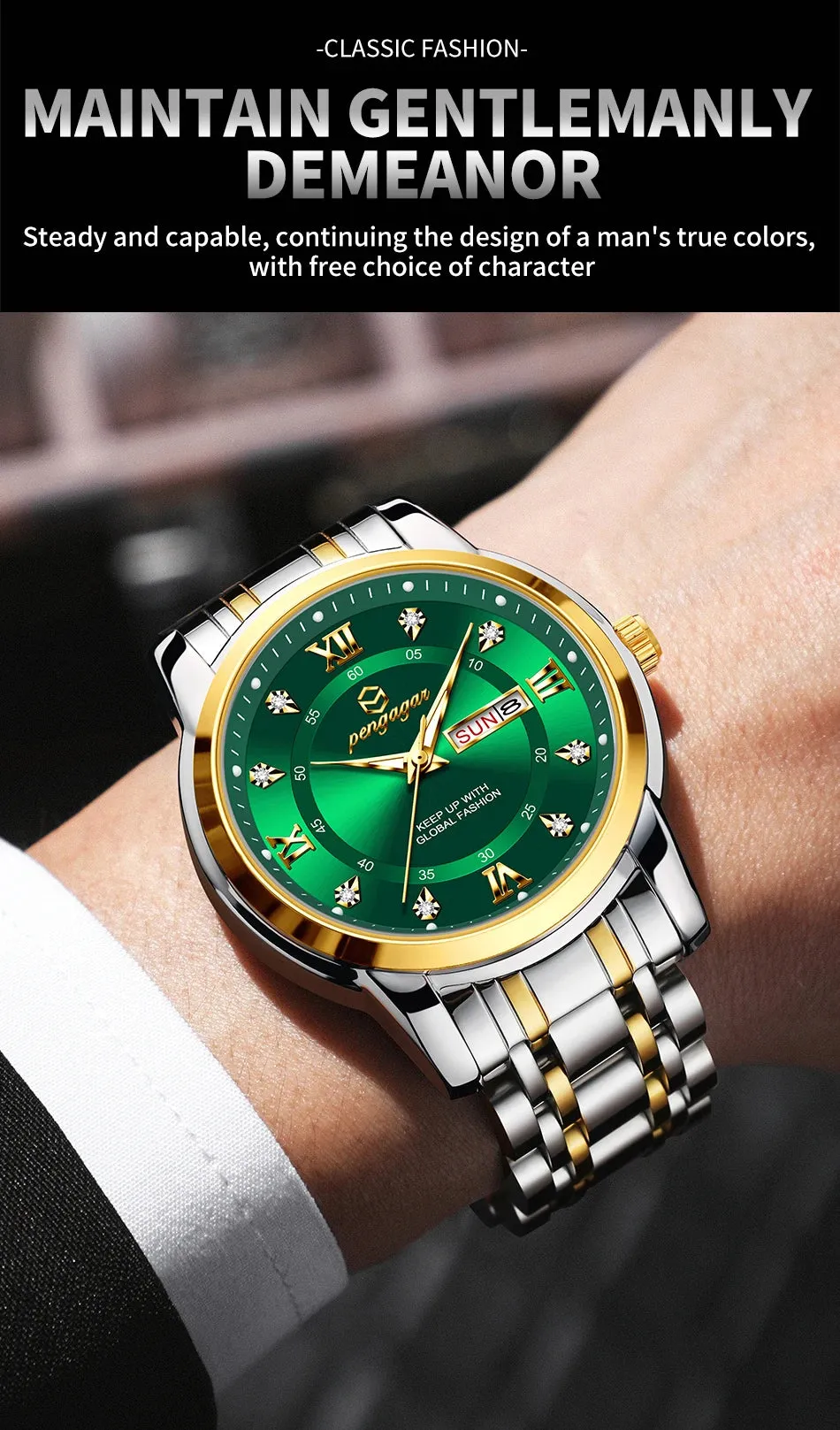 PENGAGAR Luxury Men's Watch - Elegant, Waterproof, Luminous, Stainless Steel Quartz Sports Watch