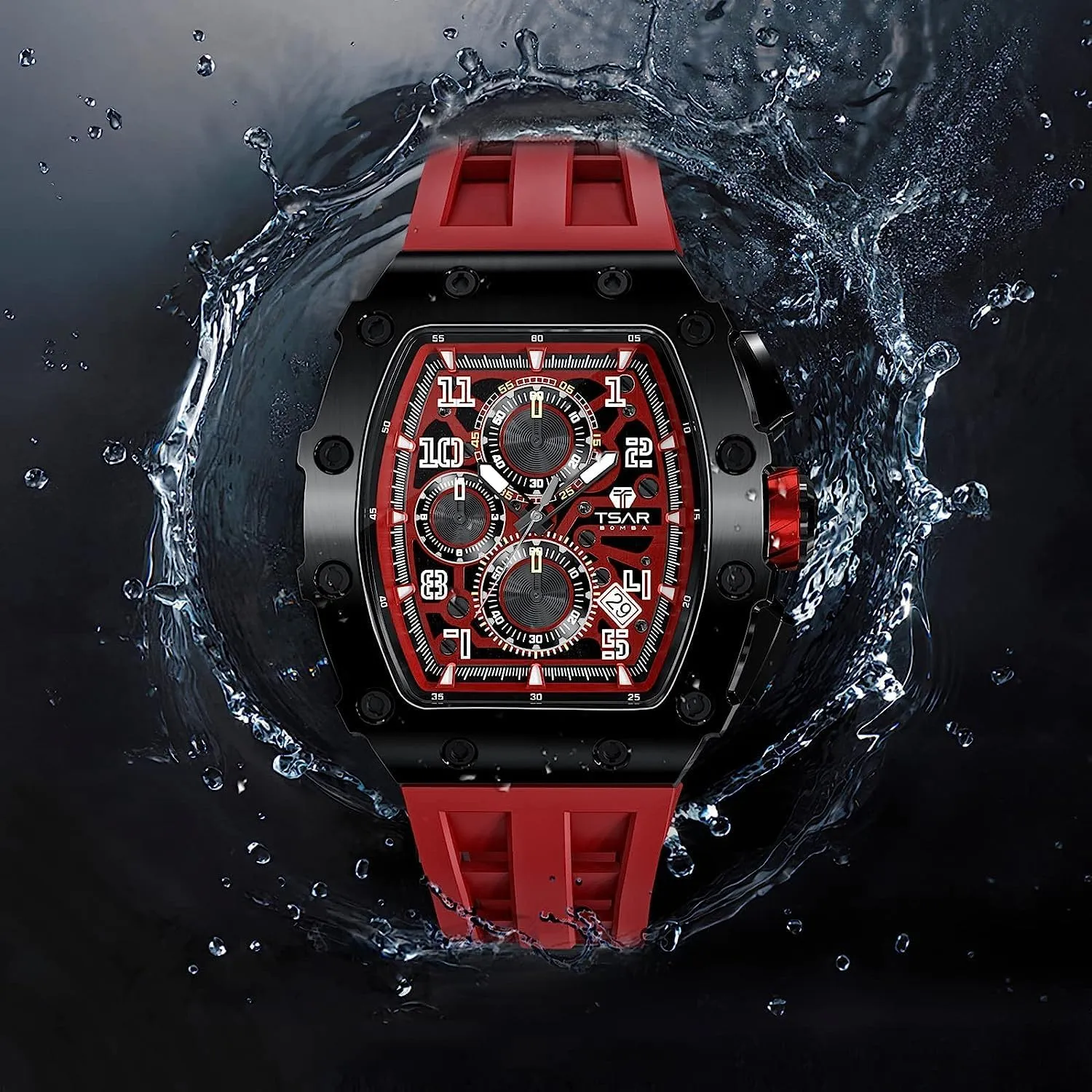 Tonneau Mens Luxury Watch 50M Waterproof Luminous Date Chronograph Wrist Watch with Japanese Quartz Movement Sapphire Crystal Silicone Strap Fashion Sport Watches Gift for Men